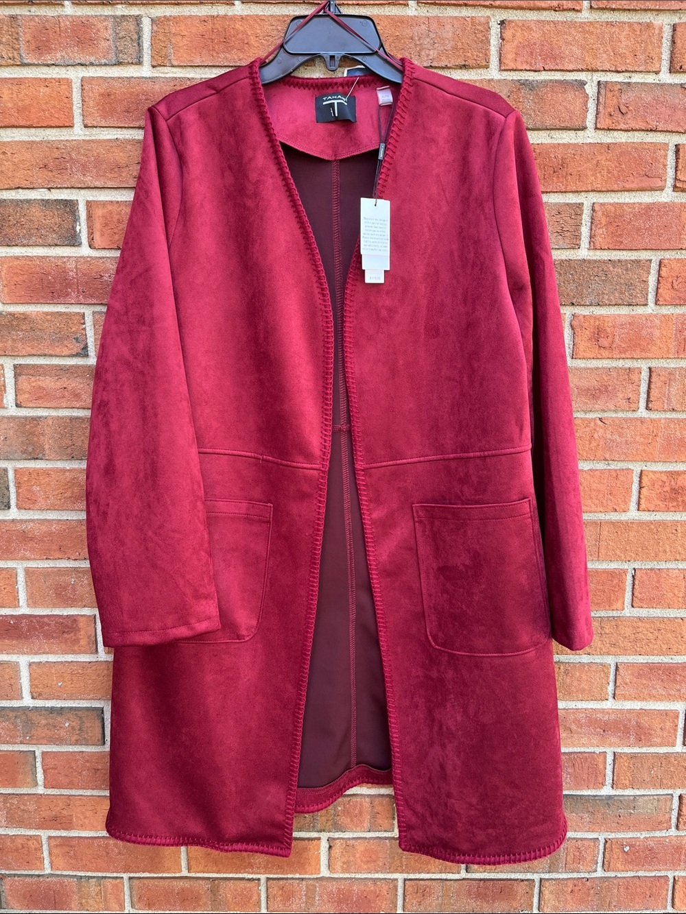 🆕 T Tahari Faux Leather Open Front Coat with Patch Pockets size XL Burgundy